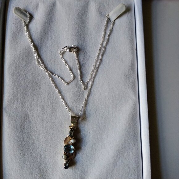 1.5" AQUA MARINE, PEARL, TOPAZ & TANZANITE PENDANT .75" BALE 22" STERLING CHAIN - Picture 1 of 2